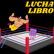 Graphic of a wrestler in a wrestling ring with a purple book character.