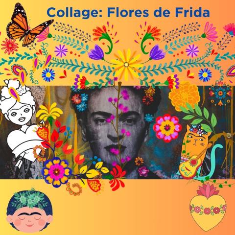 Digital collage of graphics and a photo of Frida Kahlo.