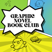 Graphic Novel Book Club with comic book-like squares and a duck-like characters.