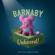 Cover of the book Barnaby Unboxed! Featuring a pink stuffed elephant coming out of a box.