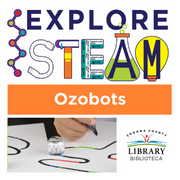 Explore STEAM text with photo of hand drawing a line for an Ozobot.