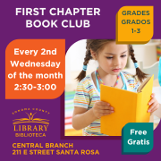 First Chapter Book Club. Young child with pigtails reading a yellow book.