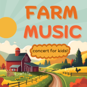 Farm Music Concert for Kids featuring graphic of a red barn and cow and rooster.