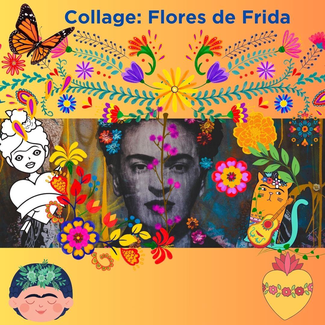 Digital collage of graphics and a photo of Frida Kahlo.